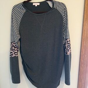 Maternity Striped and Leopard Sleeve Gray Top
